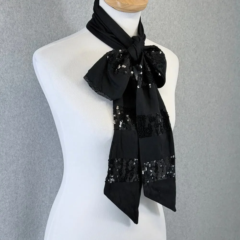 Black Sequin Skinny Scarf 100% Cotton Long Neck Tie Bow Evening Party OSFM